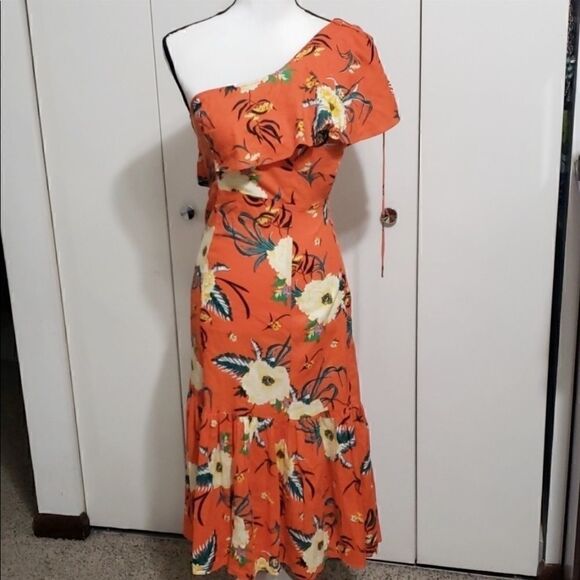 Urban Outfitters Carmen Orange Floral One-Shoulder Midi Dress Size XS - Picture 6 of 9